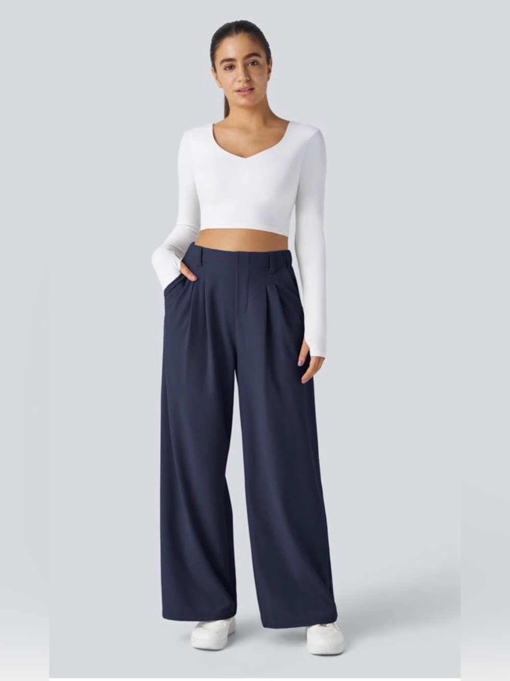 Halara Flex High Waisted Pocket Wide Leg Waffle Work Pants - Petite XL / Blue - Picture 3 of 5